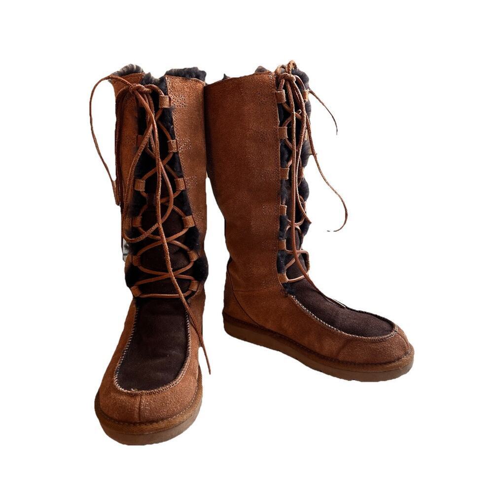 UGG Whitley Moccasin Tie Chestnut Brown Tall Suede Leather Boots Sz. 7 S/N 5230 - Picture 2 of 13
